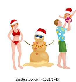Cartoon family having fun with snowman made of sand