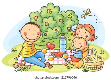 Cartoon family having picnic outdoors