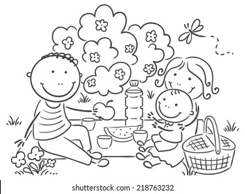 Cartoon family having picnic outdoors