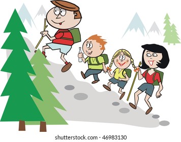 Cartoon of family hiking in alpine region.