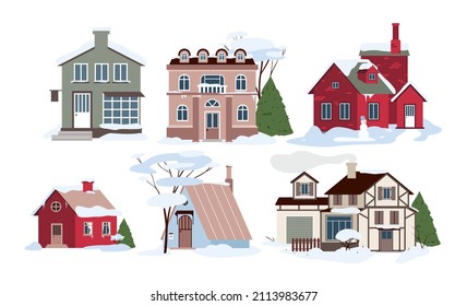 Cartoon family homes in snowdrifts, buildings and cottages with trees in garden, windows, roofs and doors background. Village modern houses in winter cold weather and snow set vector illustration