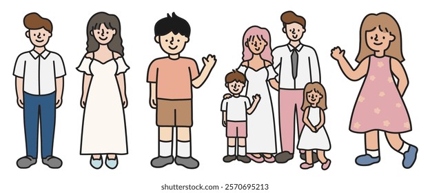 Cartoon family illustration with diverse characters. Smiling cartoon figures, men, women, and children. Diverse cartoon family, happy cartoon people, family fun. Character element vector set.