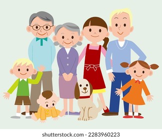 Cartoon family illustration. Parents with children, grandparents and dog.