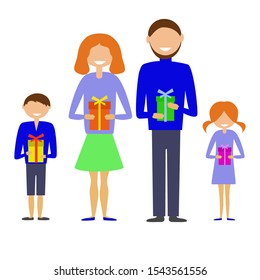 Cartoon family isolated flat vector images. Flat vector images of woman, man and children with gifts on white background