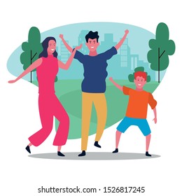cartoon family with a kid having fun in the park over white background, colorful design. vector illustration