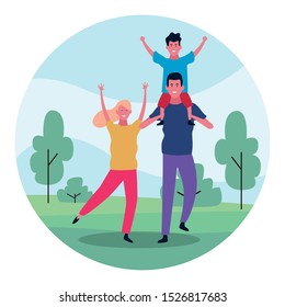 cartoon family with a kid having fun in the park over white background, colorful design. vector illustration