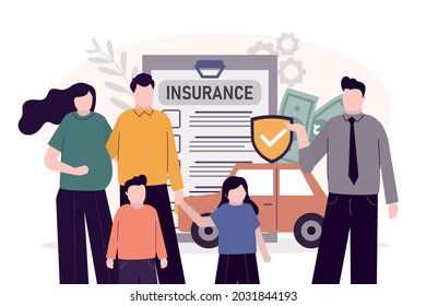 Cartoon family with kids have insurance proposal. Parents with children. Full insurance for house and car concept. Future financial support in case of accident. Assurance plan. Vector illustration