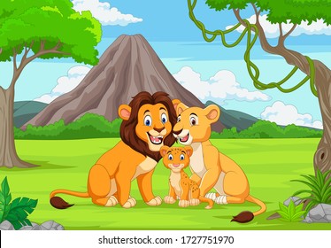 Cartoon family lion in the jungle