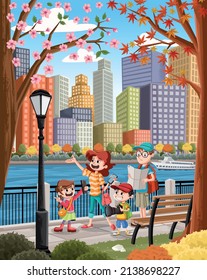 Cartoon family looking at the landscape view of a colorful city. Group of tourists in the city with buildings and river. 
