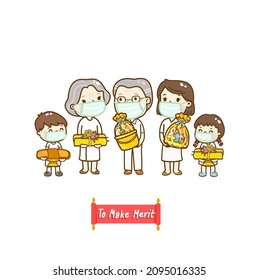 Cartoon family to make merit.
