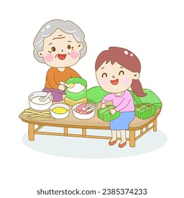 cartoon family make  Vietnam new year food.
