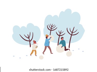 Cartoon family making snowman together vector flat illustration. Happy mother, father and child spending time at winter park isolated on white. People enjoy outdoors activity and healthy lifestyle