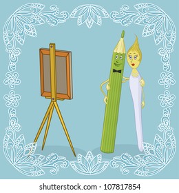 Cartoon family: man pencil, woman brush and easel. Border of white outline symbolic flowers. Vector illustration