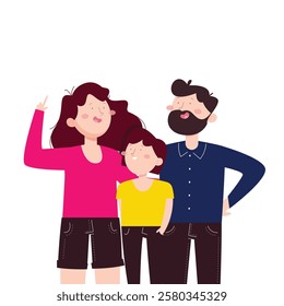 A cartoon family of a man, woman and child are posing for a picture. The man is wearing a blue shirt and the woman is wearing a pink shirt. The family is smiling and he is happy