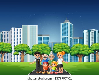 Cartoon family members standing on the road