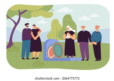 Cartoon family in mourning clothes crying at headstone. Sad grandmother at tombstone, people in graveyard flat vector illustration. Death, funeral concept for banner, website design or landing page