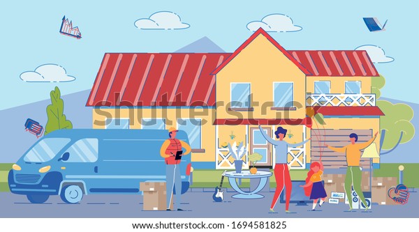 Cartoon\
Family Move to House in Suburb. Happy Father Mother Daughter at New\
Home. Moving Company Car with Cardboard Box. Real Estate Agency\
Service. Buy or Rent House Vector\
Illustration