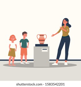 Cartoon family at a museum looking at a vase, adult woman telling children about old exhibit in gallery, cartoon people spending time together at art exhibition, isolated flat vector illustration
