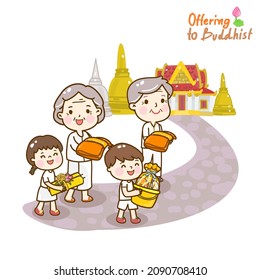Cartoon family Offering to Buddhist Vector.