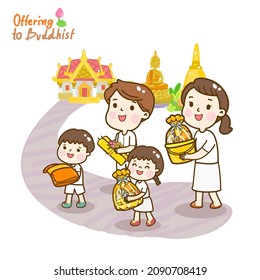 Cartoon family Offering to Buddhist Vector.