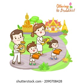 Cartoon family Offering to Buddhist Vector.