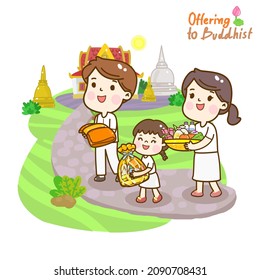 Cartoon family Offering to Buddhist Vector.