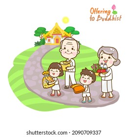 Cartoon family Offering to Buddhist Vector.