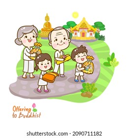 Cartoon family Offering to Buddhist Vector.
