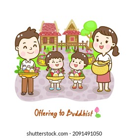 Cartoon family Offering to Buddhist Vector.