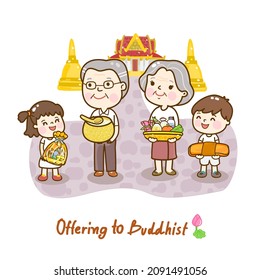Cartoon family Offering to Buddhist Vector.