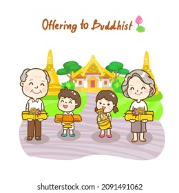 Cartoon family Offering to Buddhist Vector.