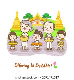 Cartoon family Offering to Buddhist Vector.
