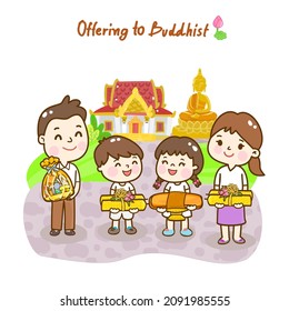 Cartoon family Offering to Buddhist Vector.