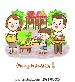 Cartoon family Offering to Buddhist Vector.