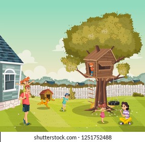 Cartoon Family On The Backyard Of A Colorful House In Suburb Neighborhood. Tree House On The Backyard.