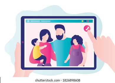 Cartoon family on tablet screen. Hand holds device with parents and children in screen. Video call and online conference. Using modern communications technologies. Trendy flat vector illustration