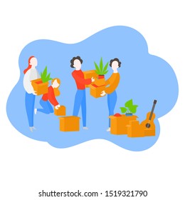 Cartoon family packing for moving to new house. Man unpacking package. Packaging and delivery. Pile of cardboard boxes vector illustration