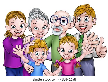 Cartoon family with parents, children and grandparents