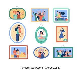 Cartoon family photo frames isolated flat vector illustration. Framed portraits and pictures of happy people on wall. Decor, dynasty and generation concept