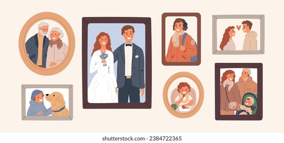 Cartoon family photo portraits on wall. Memorable pictures with happy people. Home interior. Wedding photographs. Parents together with kids. Smiling grandparents. Garish