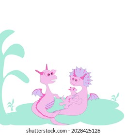 Cartoon of family pink dinosaur in green forest .Beauty mum Dino hug her baby with her husband standing near on white background.Vector flat design hand drawn for greeting card,posters or kids T-shirt