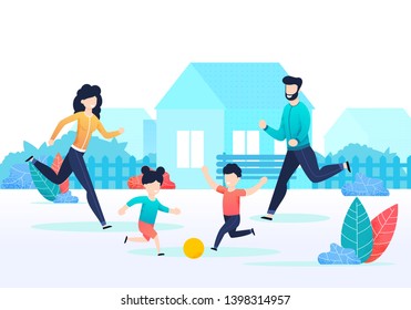 Cartoon Family Playing Ball Together On Backyard. Active Parents And Children In Countryside. Sport Games. Outdoor Activity. Healthy Lifestyle. Happy Childhood And Parenting. Vector Flat Illustration