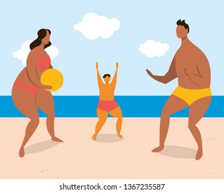Cartoon family playing on beach. Summer time vector illustration