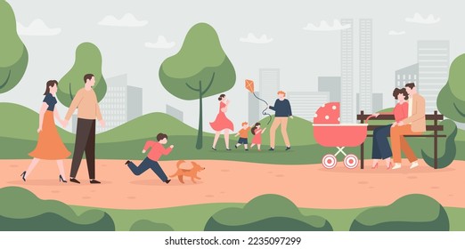 Cartoon family playing and walking with kids in park. Parents with children flying kite. Mother, father sitting on bench with pram. People spending time together on nature vector illustration