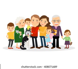 Cartoon family portrait. Big family together. Vector illustration