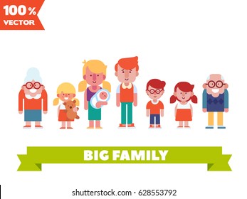 Cartoon family portrait. Big family together. Vector illustration in a flat style.