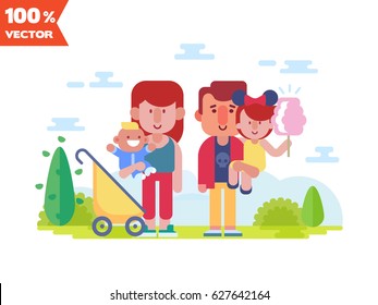 Cartoon family portrait. Happy parents with their kids together walking in the park.  Mom keeps baby born  in her arms. Dad keeps little daughter.  Vector illustration in a flat style.