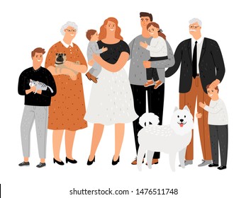 Cartoon family portrait vector illustration. Senior people grandparents grandfather and grandmother, adult father and mother, young son and daughter, cat and dog old happy together