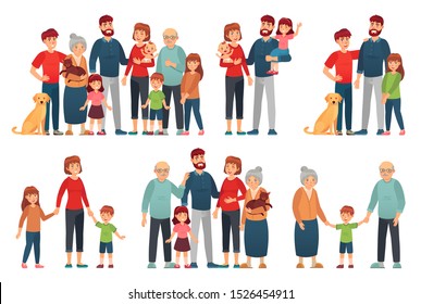 Cartoon family portraits. Happy parents and children portrait, old grandmother and grandfather. Big family, senior and teenager generations families together. Isolated vector illustration icons set