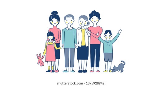 Cartoon family portraits. Happy parents and children portrait, old grandmother and grandfather. Senior and teenager generations families together. Hand drawn doodle flat vector illustration design.